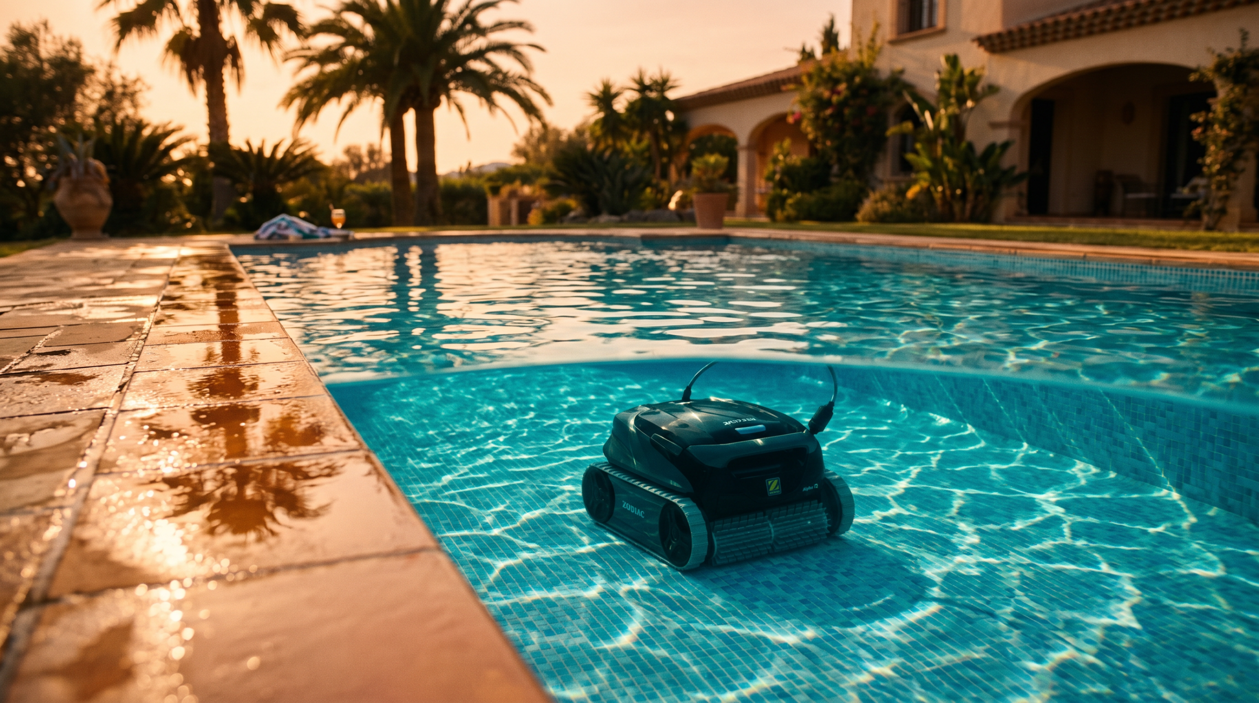 Piscina cristalina con robot limpiafondos en el fondo